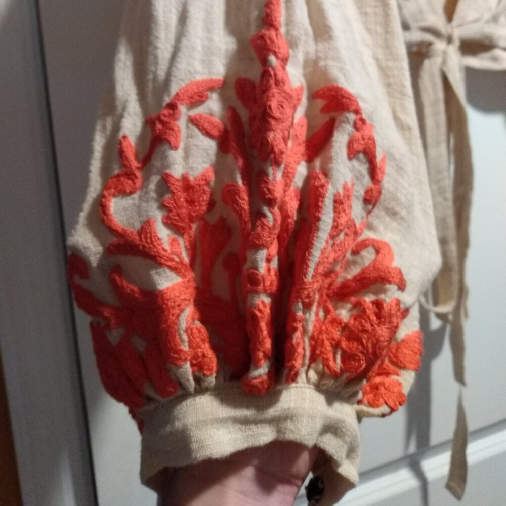 MATI Wrap Crop Top Vegan Embroidered Bishop Sleeves - Picture 2 of 5